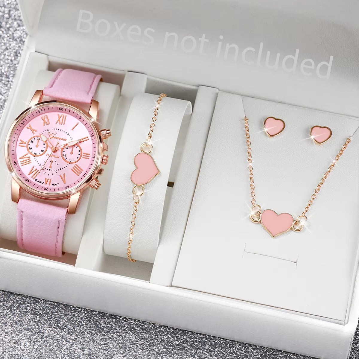5/6 Piece Women's Fashion Quartz Watch Set with Leather Band and Heart Rhinestone Accents (Box Not Included)