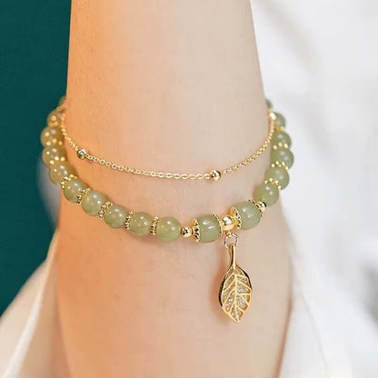2026Chinese Style Green Jade Bracelet for Women Exquisite Gold Color Leaves Wrist Strap Bangle Double Chain Bracelet Girls Gifts