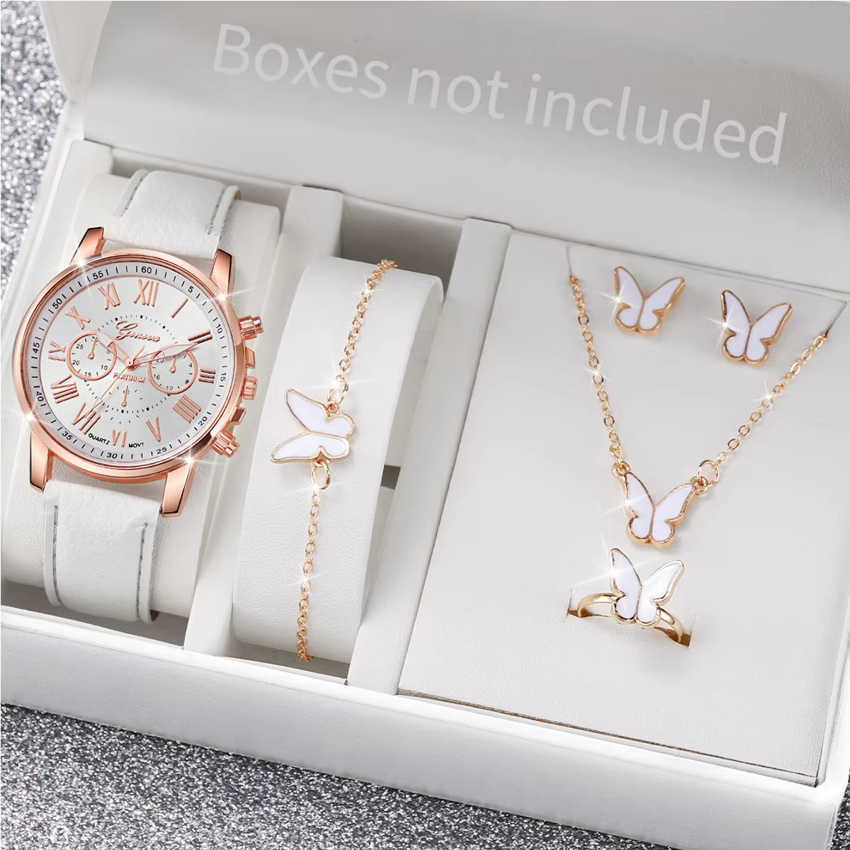 5/6 Piece Women's Fashion Quartz Watch Set with Leather Band and Heart Rhinestone Accents (Box Not Included)