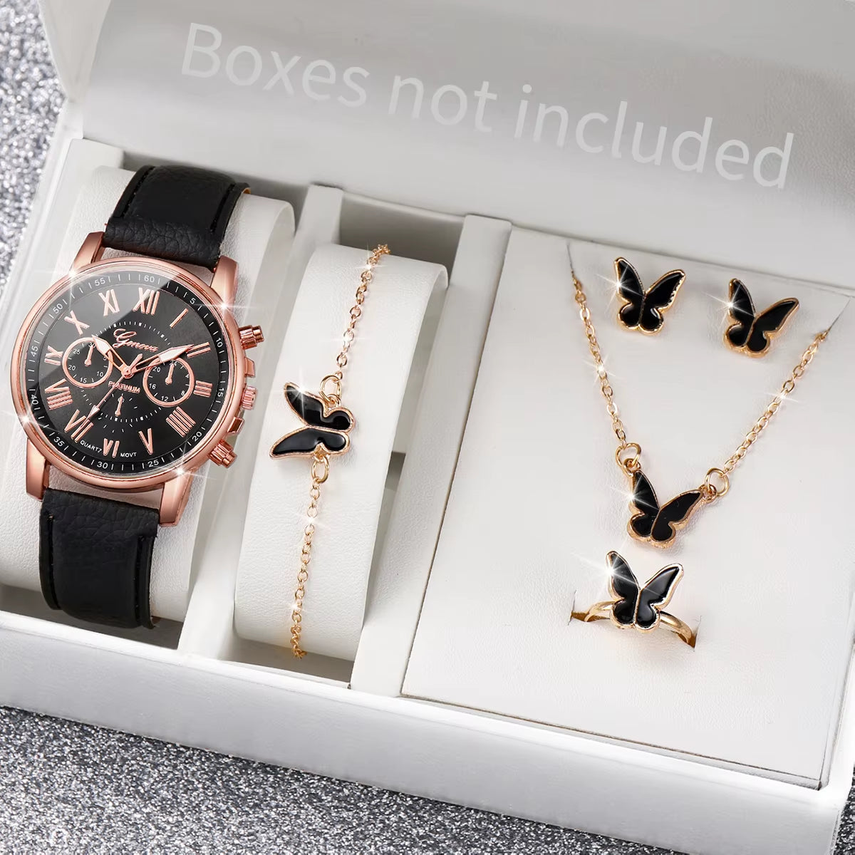5/6 Piece Women's Fashion Quartz Watch Set with Leather Band and Heart Rhinestone Accents (Box Not Included)