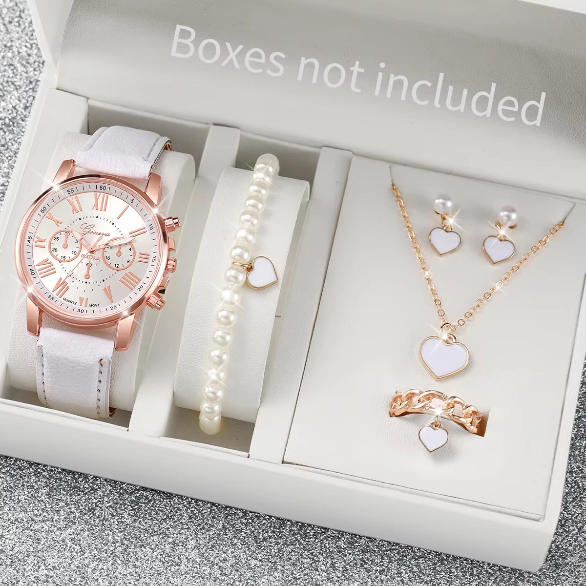 5/6 Piece Women's Fashion Quartz Watch Set with Leather Band and Heart Rhinestone Accents (Box Not Included)
