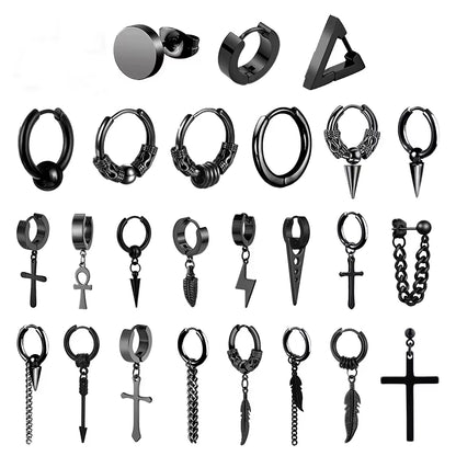 1 Pairs Punk Stainless Steel Stud Earrings Black Earrings Set for Men Women Vintage Hip Hop Piercing Ear Jewelry Accessories
