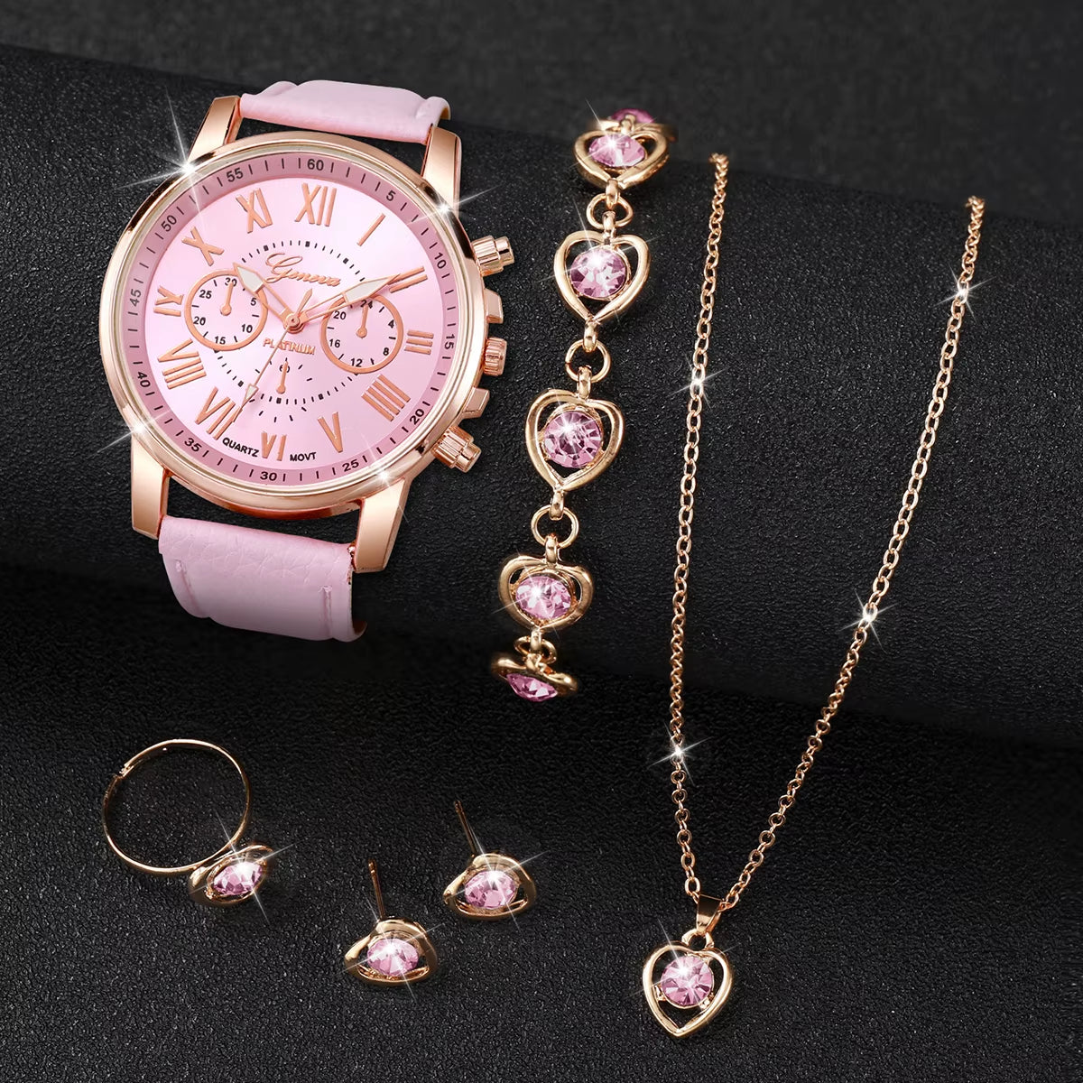 5/6 Piece Women's Fashion Quartz Watch Set with Leather Band and Heart Rhinestone Accents (Box Not Included)