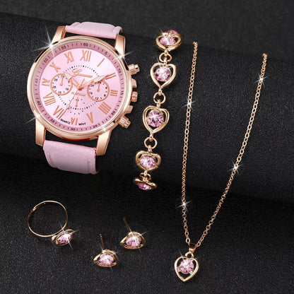 5/6 Piece Women's Fashion Quartz Watch Set with Leather Band and Heart Rhinestone Accents (Box Not Included)