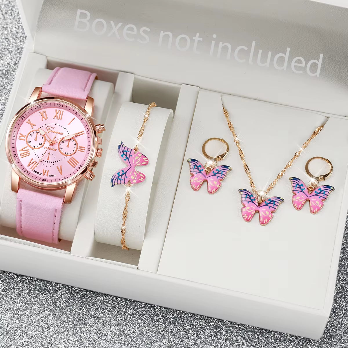 5/6 Piece Women's Fashion Quartz Watch Set with Leather Band and Heart Rhinestone Accents (Box Not Included)