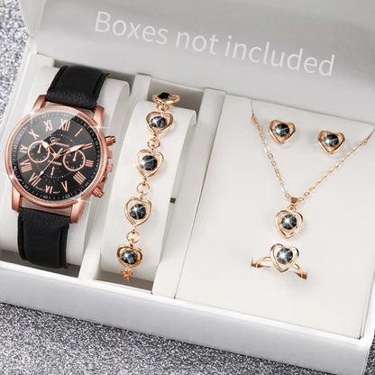 5/6 Piece Women's Fashion Quartz Watch Set with Leather Band and Heart Rhinestone Accents (Box Not Included)