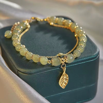 2026Chinese Style Green Jade Bracelet for Women Exquisite Gold Color Leaves Wrist Strap Bangle Double Chain Bracelet Girls Gifts