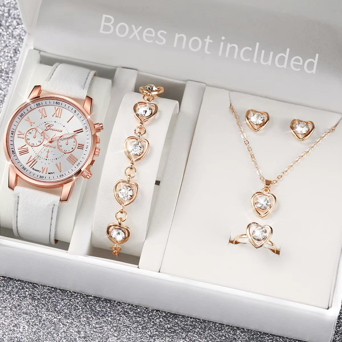 5/6 Piece Women's Fashion Quartz Watch Set with Leather Band and Heart Rhinestone Accents (Box Not Included)