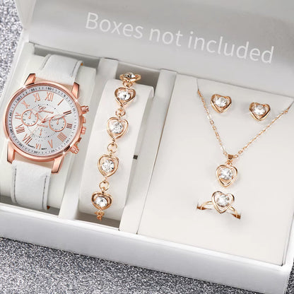 5/6 Piece Women's Fashion Quartz Watch Set with Leather Band and Heart Rhinestone Accents (Box Not Included)