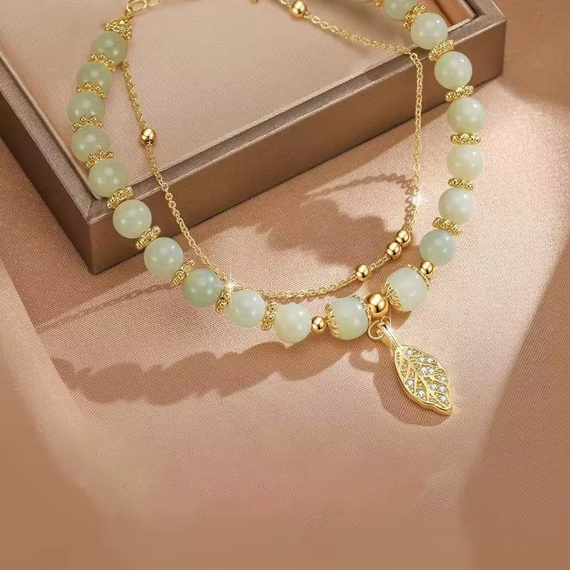 2026Chinese Style Green Jade Bracelet for Women Exquisite Gold Color Leaves Wrist Strap Bangle Double Chain Bracelet Girls Gifts