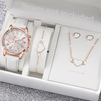 5/6 Piece Women's Fashion Quartz Watch Set with Leather Band and Heart Rhinestone Accents (Box Not Included)