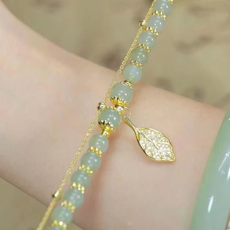 2026Chinese Style Green Jade Bracelet for Women Exquisite Gold Color Leaves Wrist Strap Bangle Double Chain Bracelet Girls Gifts