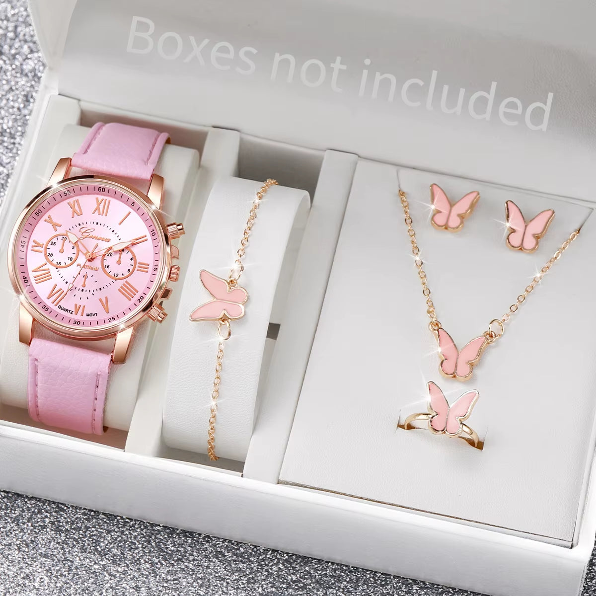 5/6 Piece Women's Fashion Quartz Watch Set with Leather Band and Heart Rhinestone Accents (Box Not Included)