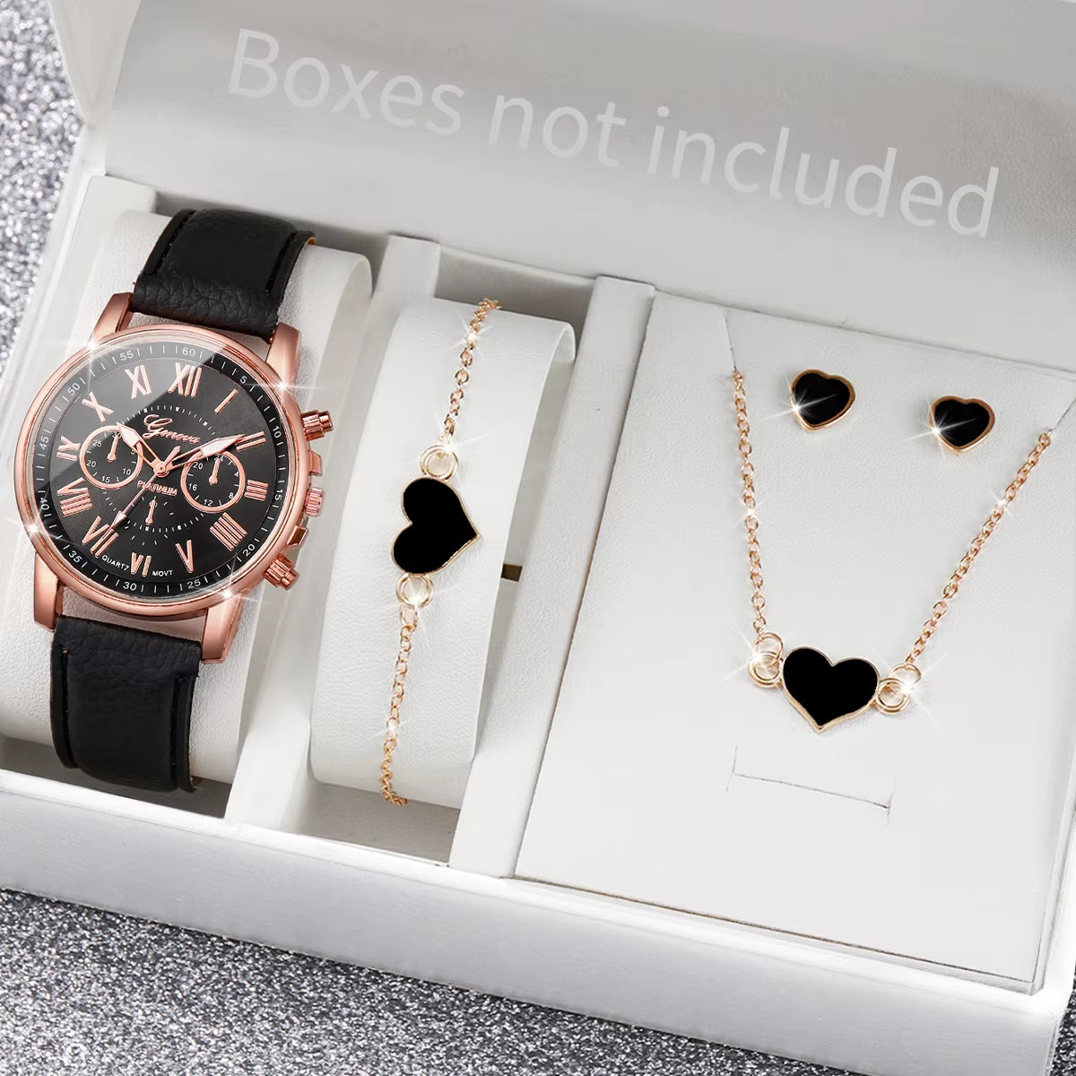 5/6 Piece Women's Fashion Quartz Watch Set with Leather Band and Heart Rhinestone Accents (Box Not Included)