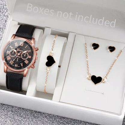 5/6 Piece Women's Fashion Quartz Watch Set with Leather Band and Heart Rhinestone Accents (Box Not Included)