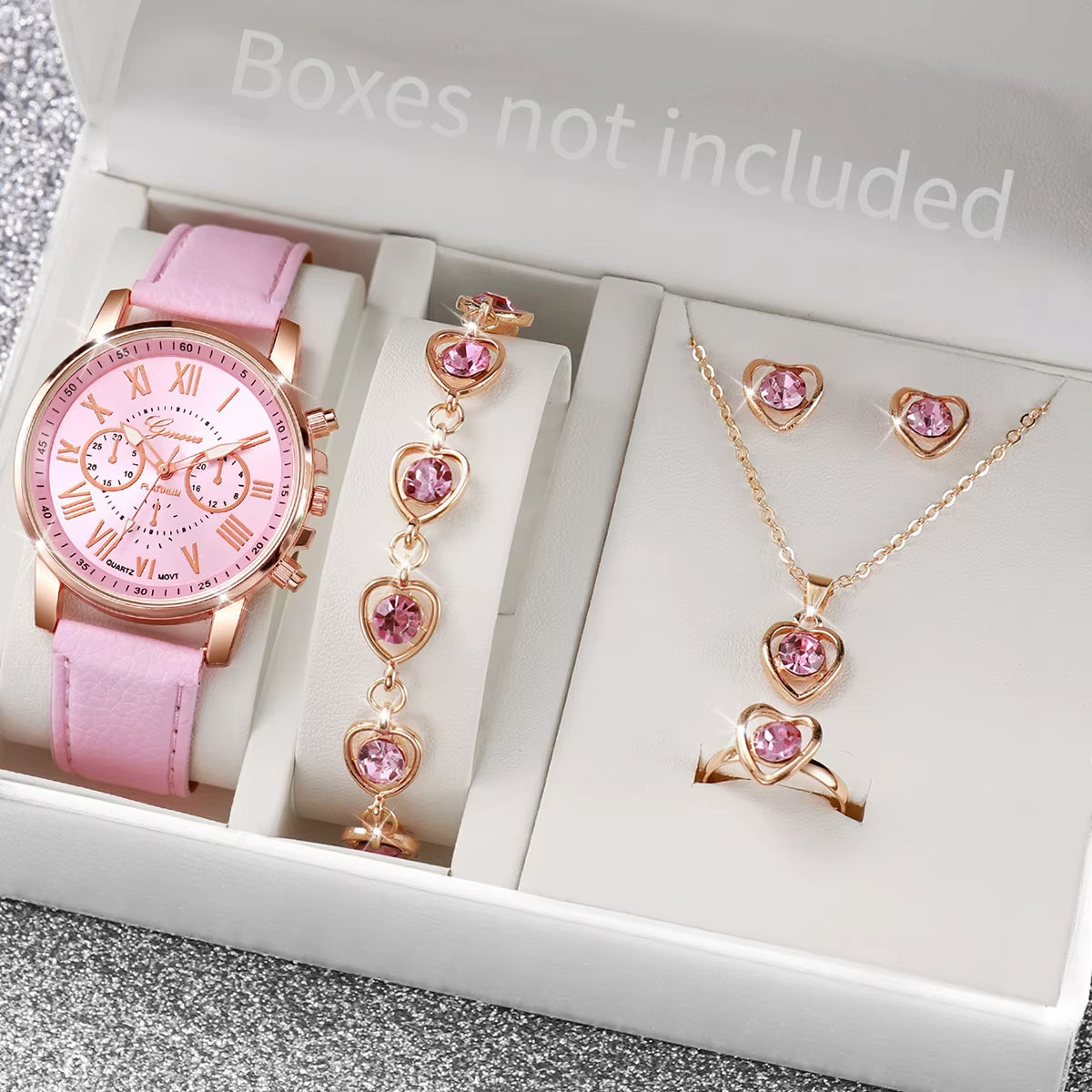 5/6 Piece Women's Fashion Quartz Watch Set with Leather Band and Heart Rhinestone Accents (Box Not Included)