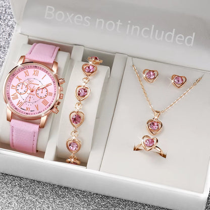 5/6 Piece Women's Fashion Quartz Watch Set with Leather Band and Heart Rhinestone Accents (Box Not Included)